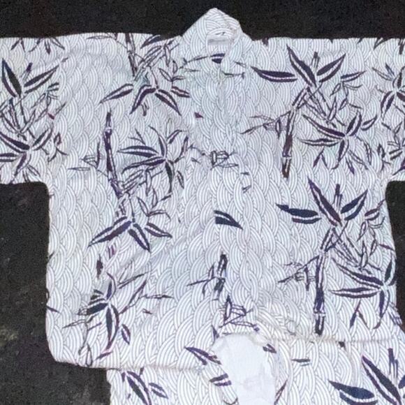 Vintage 1980s Cotton Summer Kimono Yukata Blue White Floral Bamboo Motif Size M - Picture 12 of 12